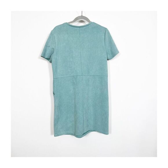 Zara Women's Teal Short Sleeve Faux Suede Shift Dress With Pockets Size Medium - Picture 3 of 8